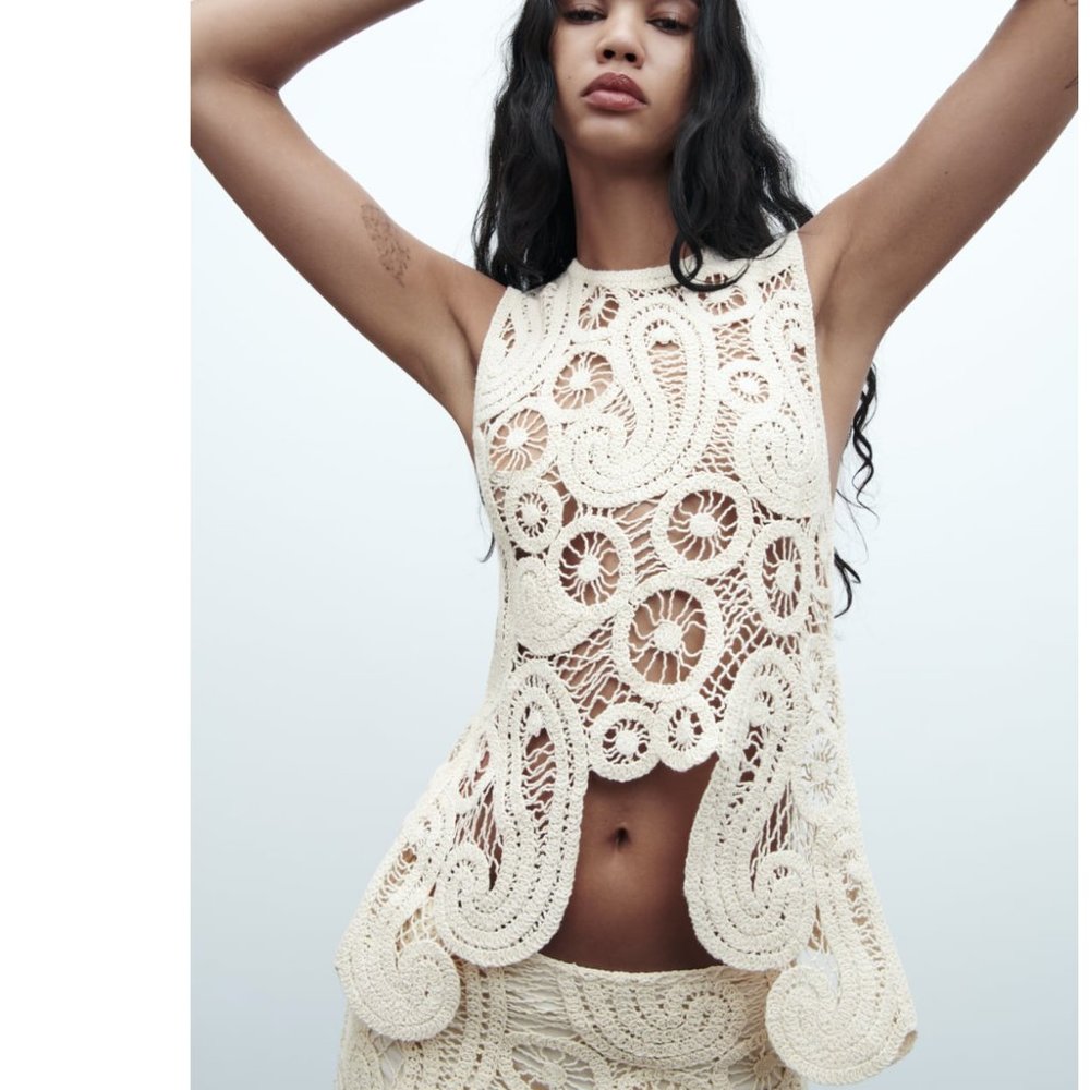 ZARA NEW ASYMMETRIC CROCHET TOP STRAW BEIGE S,M - Picture 1 of 17